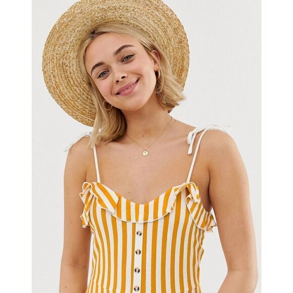 Asos Design Cami Mini Sundress with Buttons and Tiered Hem Yellow 6 Striped NWT - Picture 3 of 13